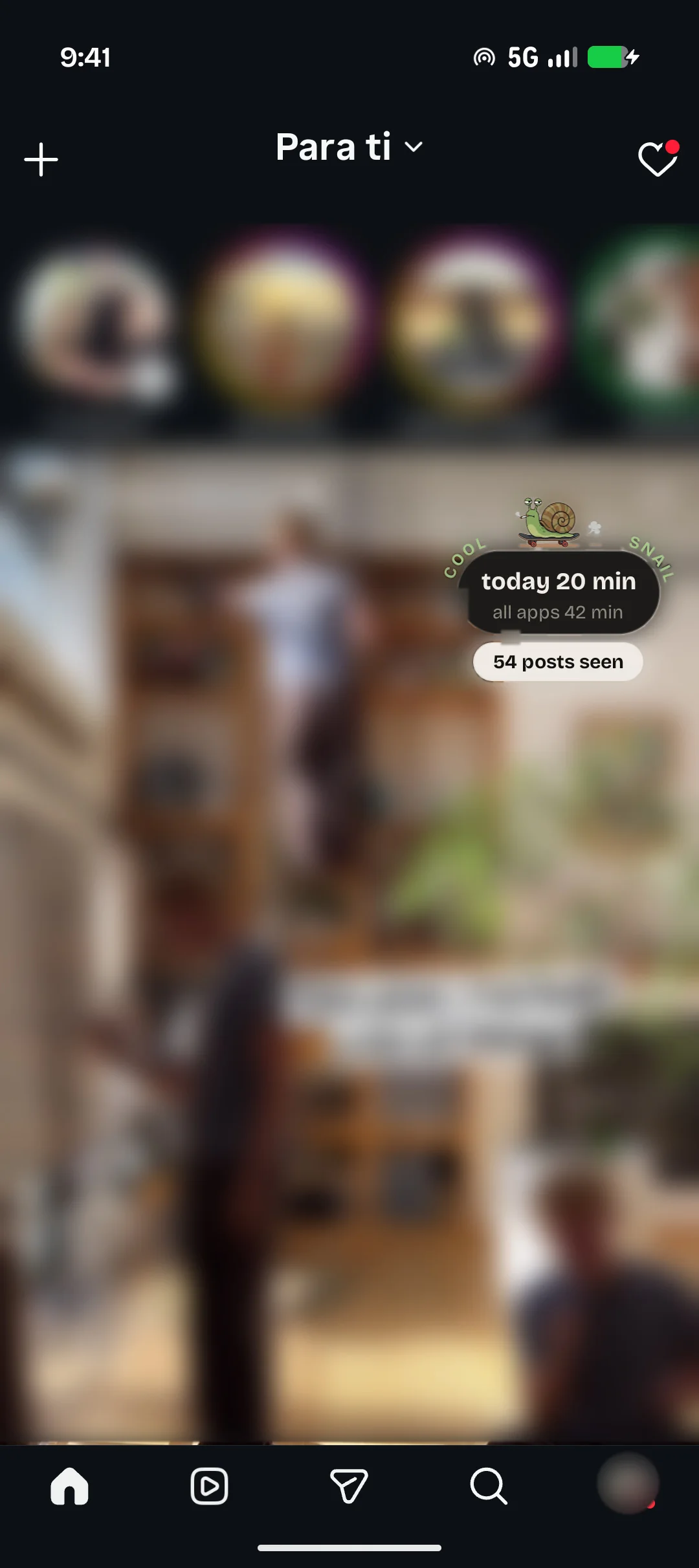 Cool Snail bubble over the Instagram feed showing 20 minutes today, 42 minutes in all apps and 54 posts seen