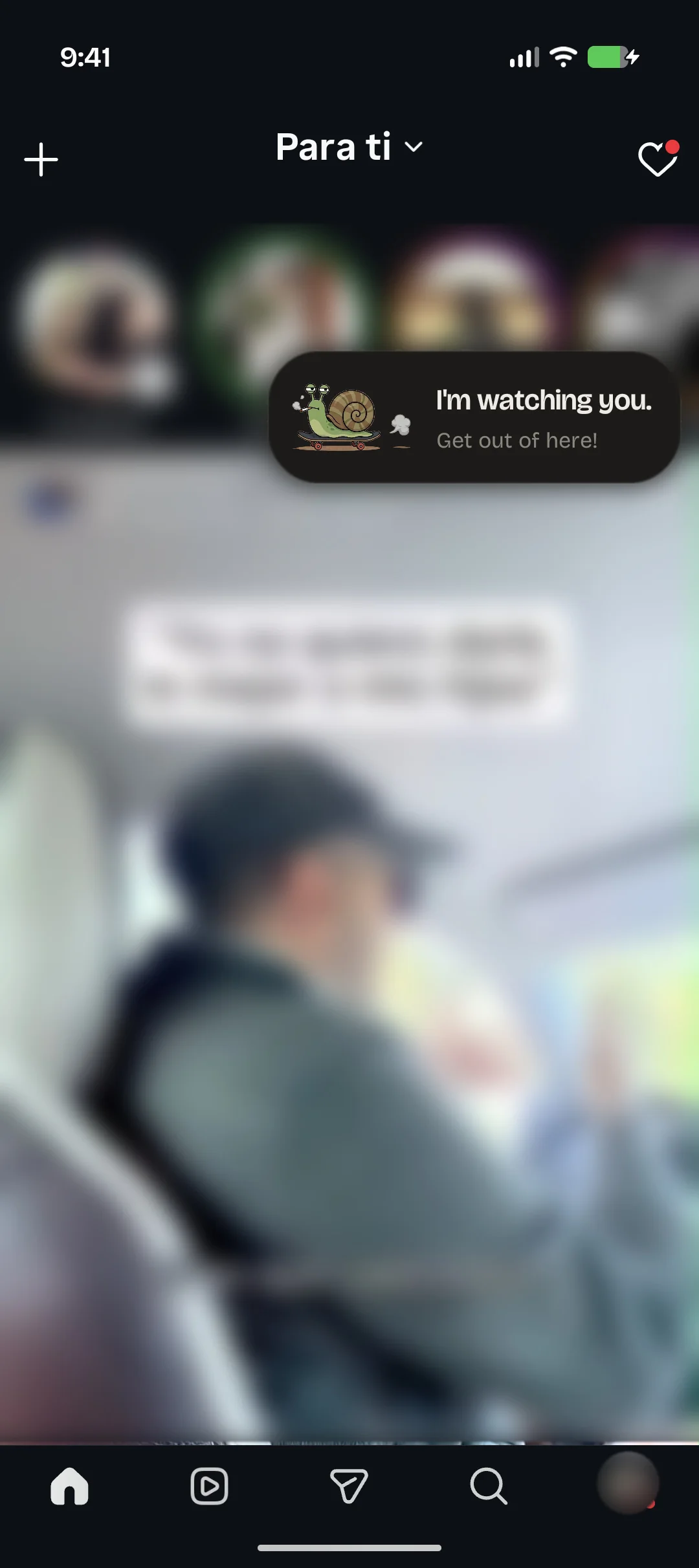 Instagram feed right after Cool Snail pulled the user out of Reels, with the card I'm watching you, get out of here